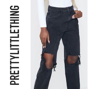 🖤PRETTYLITTLETHING Tall Washed Black Extreme Ripped Boyfriend Jeans Size 2 Long